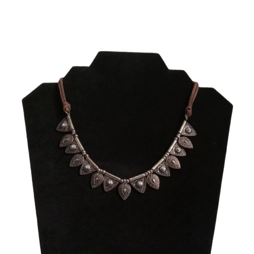 Silver Toned Triangle Metal Charms With Blue Bead Accents Choker Style Necklace